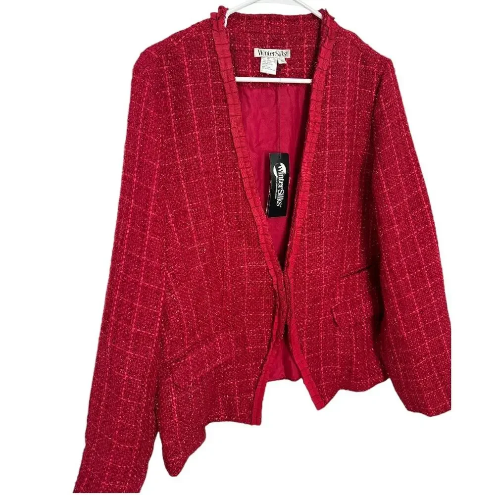NWT WinterSilks red silk Multi Woven tweed collarless blazer coat size XL